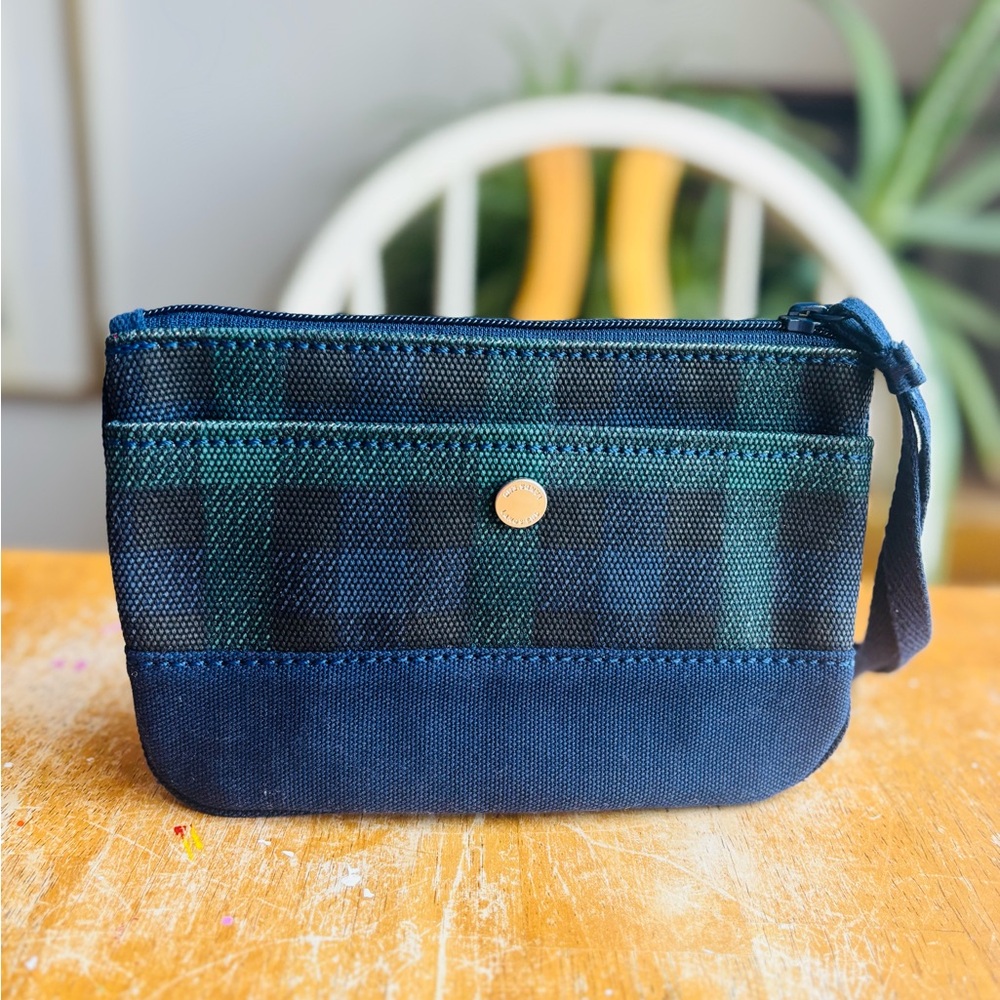 Lands' End Navy and Forest Green Plaid Wristlet Zipper Pouch